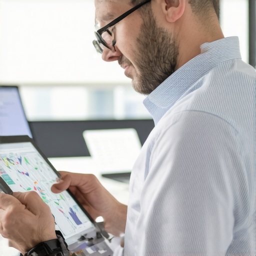 An SEO expert reviewing local map analytics on a tablet with maps and charts.