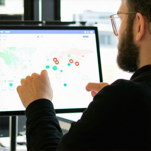 Business owner analyzing SEO data on a tablet with maps and analytics.