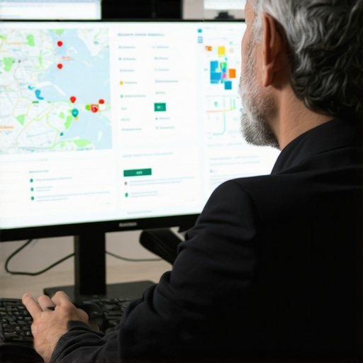 Businessman studying local map optimization data on a computer.