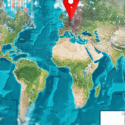 Digital map with location pins and SEO analytics overlay