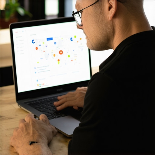 Optimizing Google My Business Profile Business owner editing GMB profile on laptop with maps and charts