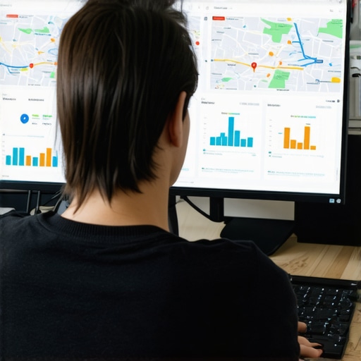 Digital SEO Dashboard for Local Map Optimization Person analyzing local SEO metrics on a computer dashboard showing maps and rankings.