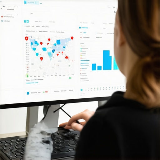 Person reviewing local SEO analytics on a desktop screen with maps and graphs
