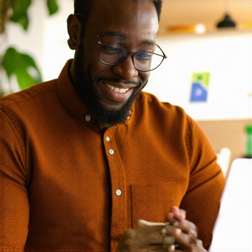 Business owner optimizing Google My Business profile on laptop for better local search visibility.