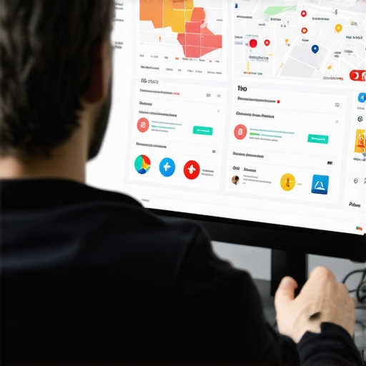 A person managing local SEO metrics and citations on a colorful digital dashboard.