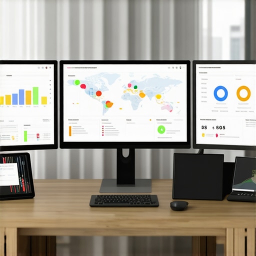 Local SEO Tools Workspace A workspace setup with screens displaying local SEO analytics and maps, representing effective local SEO management.