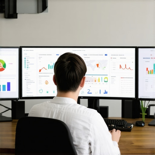 A professional analyzing local business data and maps on multiple screens