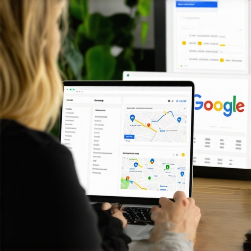 Business owner updating Google My Business profile on laptop for local map SEO.