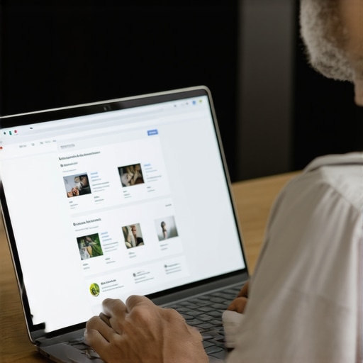 Business owner optimizing GMB profile on laptop surrounded by local search results.