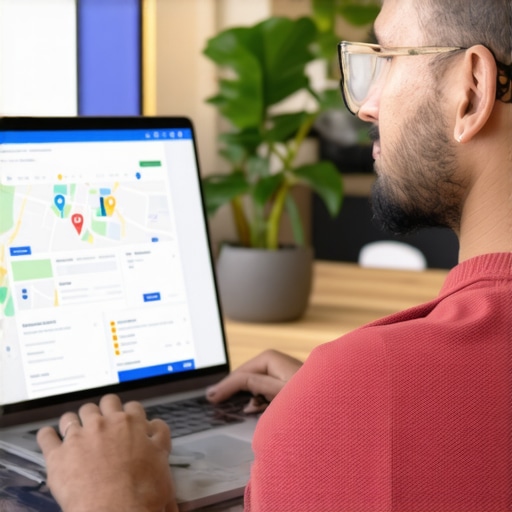 Optimizing Google My Business for Local SEO Business owner working on Google My Business profile on laptop with local maps in background
