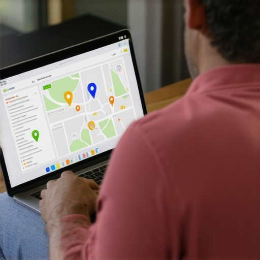 Analyzing Local SEO Performance Business owner analyzing local SEO metrics on a laptop with maps and SEO icons.