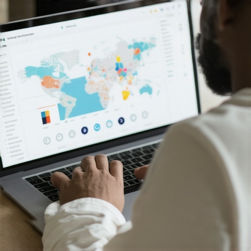 Person reviewing detailed local SEO performance data on a laptop with maps and graphs.