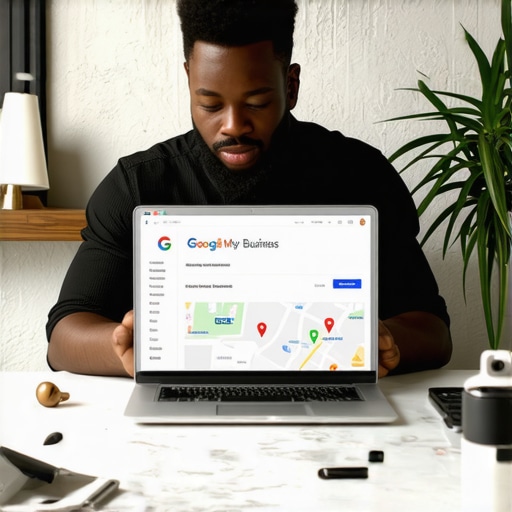 Business owner updating Google My Business profile on a laptop with SEO tools