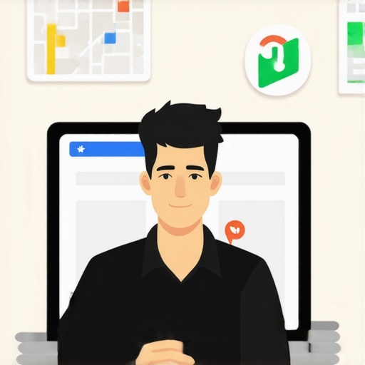 Optimizing Your Business Profile for Local SEO Success Business owner updating Google My Business profile on a laptop with maps and search icons around.