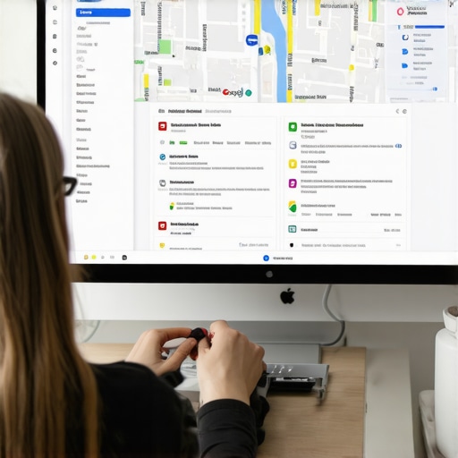 Person editing Google Business Profile on laptop showing maps and analytics.