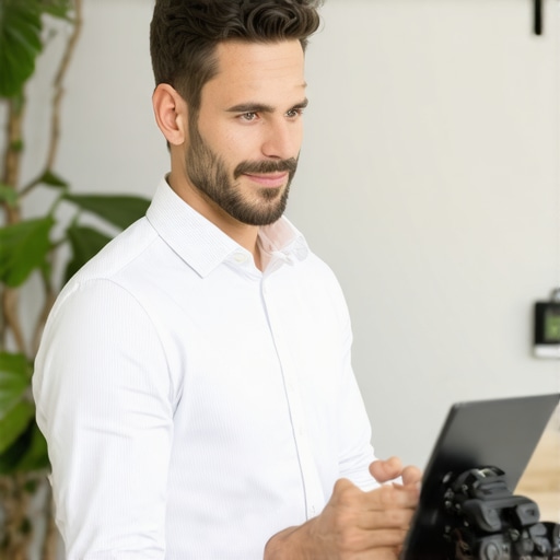 Business owner optimizing Google Business Profile with devices in office.