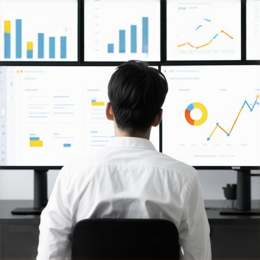 Person overseeing SEO analytics dashboards on multiple monitors for local business profile optimization