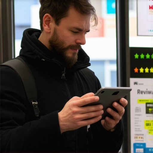 Business owner encouraging customers to leave reviews through digital and physical prompts