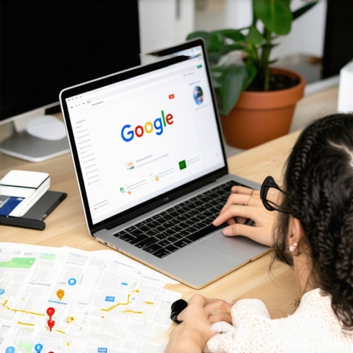 Business owner working on Google profile with maps and SEO tools