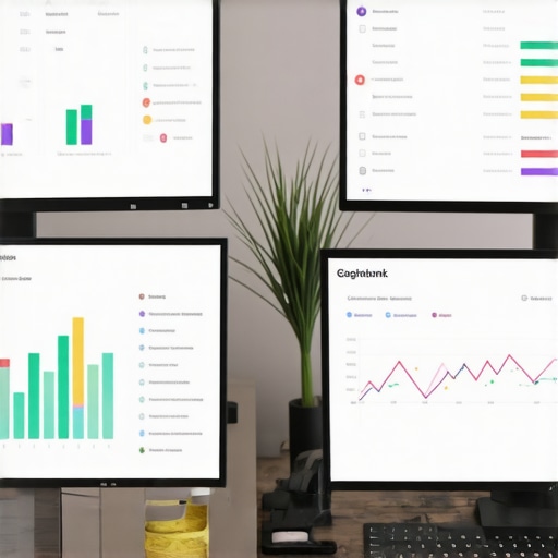 A workspace with BrightLocal and GeoRanker dashboards on monitors, representing effective local SEO maintenance tools.