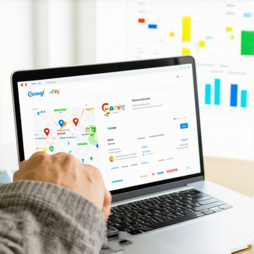 Person editing Google My Business listing on laptop with maps and data charts.