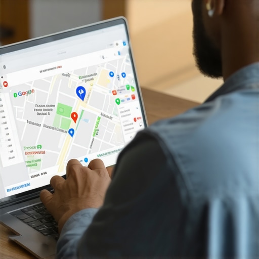 Person working on Google Business Profile optimization on a laptop, local maps displayed.
