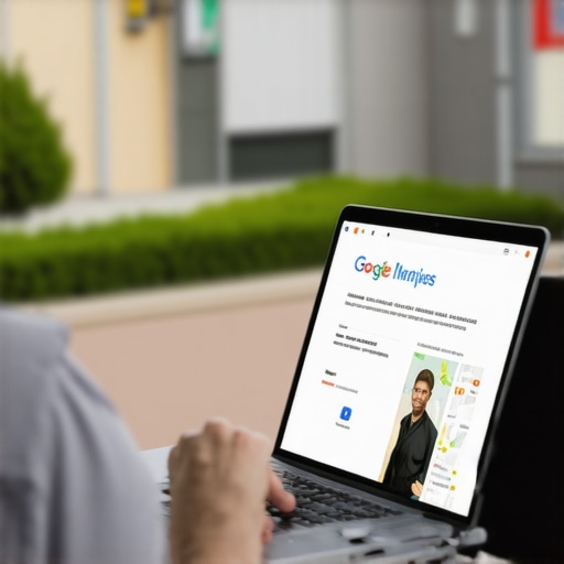 A person editing Google Business Profile on computer with local neighborhood visuals