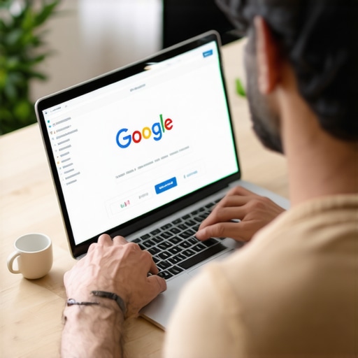 Business owner working on Google Business Profile on laptop with marketing icons.