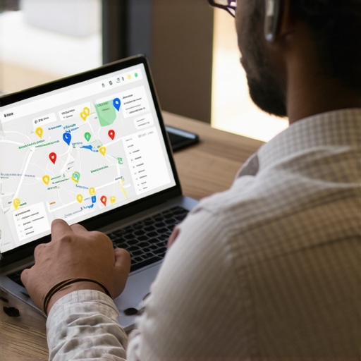 Person working on local business SEO on a laptop with maps and analytics tools.