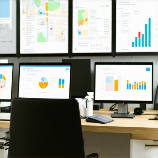 A writer working with multiple SEO and maps analytics dashboards on a computer