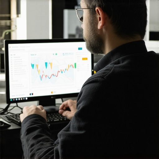 Business owner analyzing local SEO performance with maps and data charts.