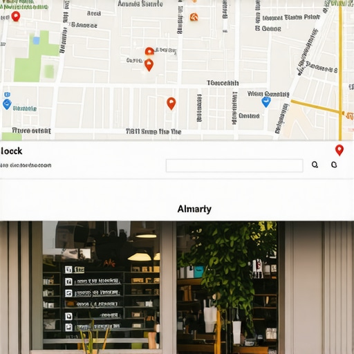 Business storefront with overlay of digital maps showing local search optimization efforts.