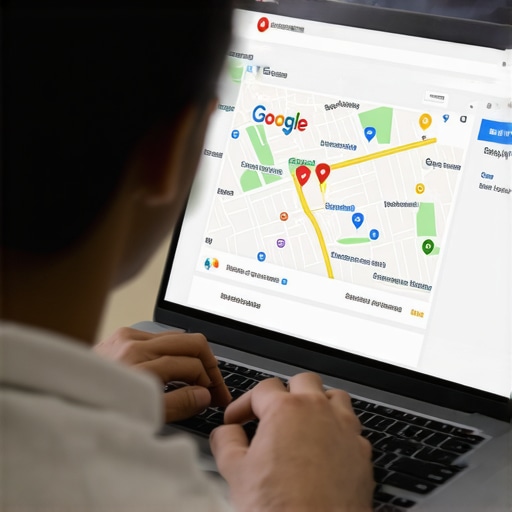 Business owner editing GMB profile on laptop with local map interface visible.