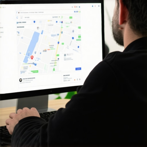 Business owner optimizing Google Business Profile on laptop with maps analytics