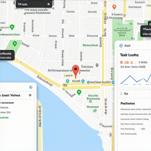 Illustration of a business location pin on a map with SEO data overlay.