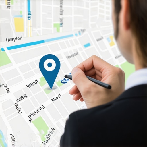 Person adjusting a map pin on a digital map to improve local search rankings.